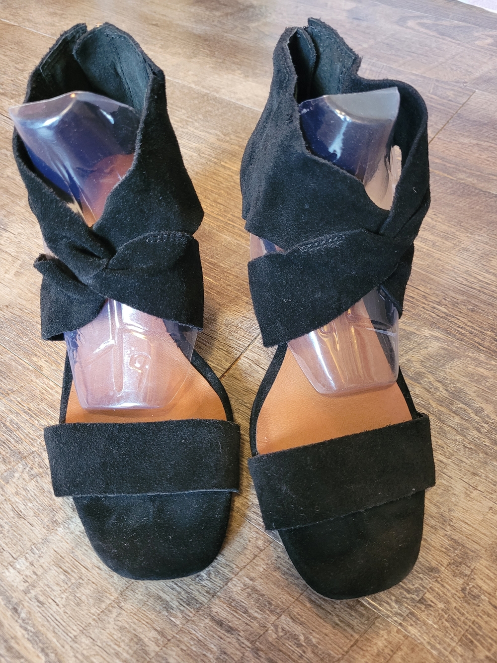 Black Suede Lucky Brand Size 5.5 Back Zip Wood Wedge Twist Slide Sandals Shoes